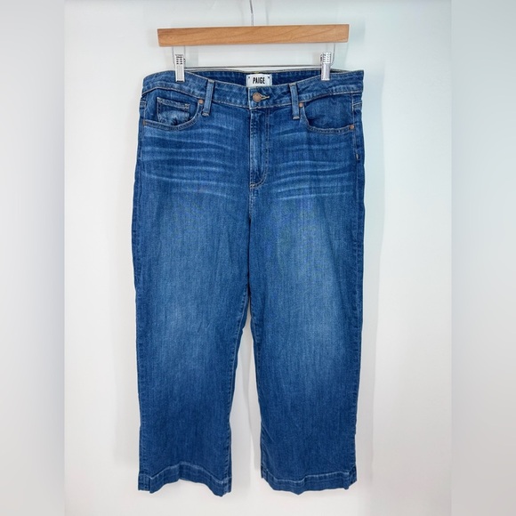 Paige Dark Wash High Rise Wide Leg Crop Causal Denim Jeans - Picture 1 of 5